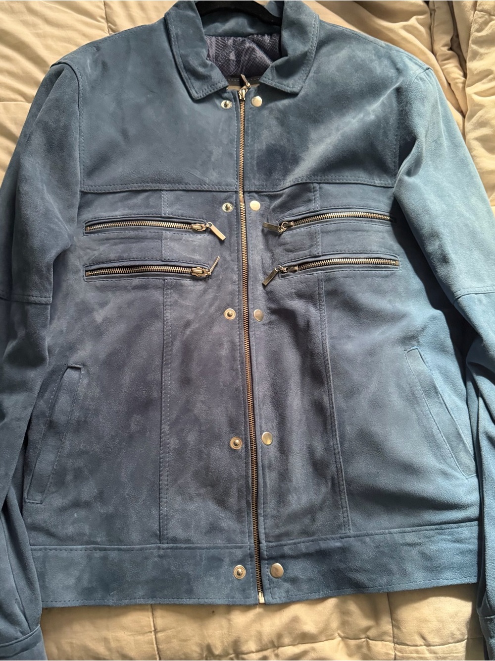 Men's Blue Suede Bomber Jacket with Zip Chest Pockets